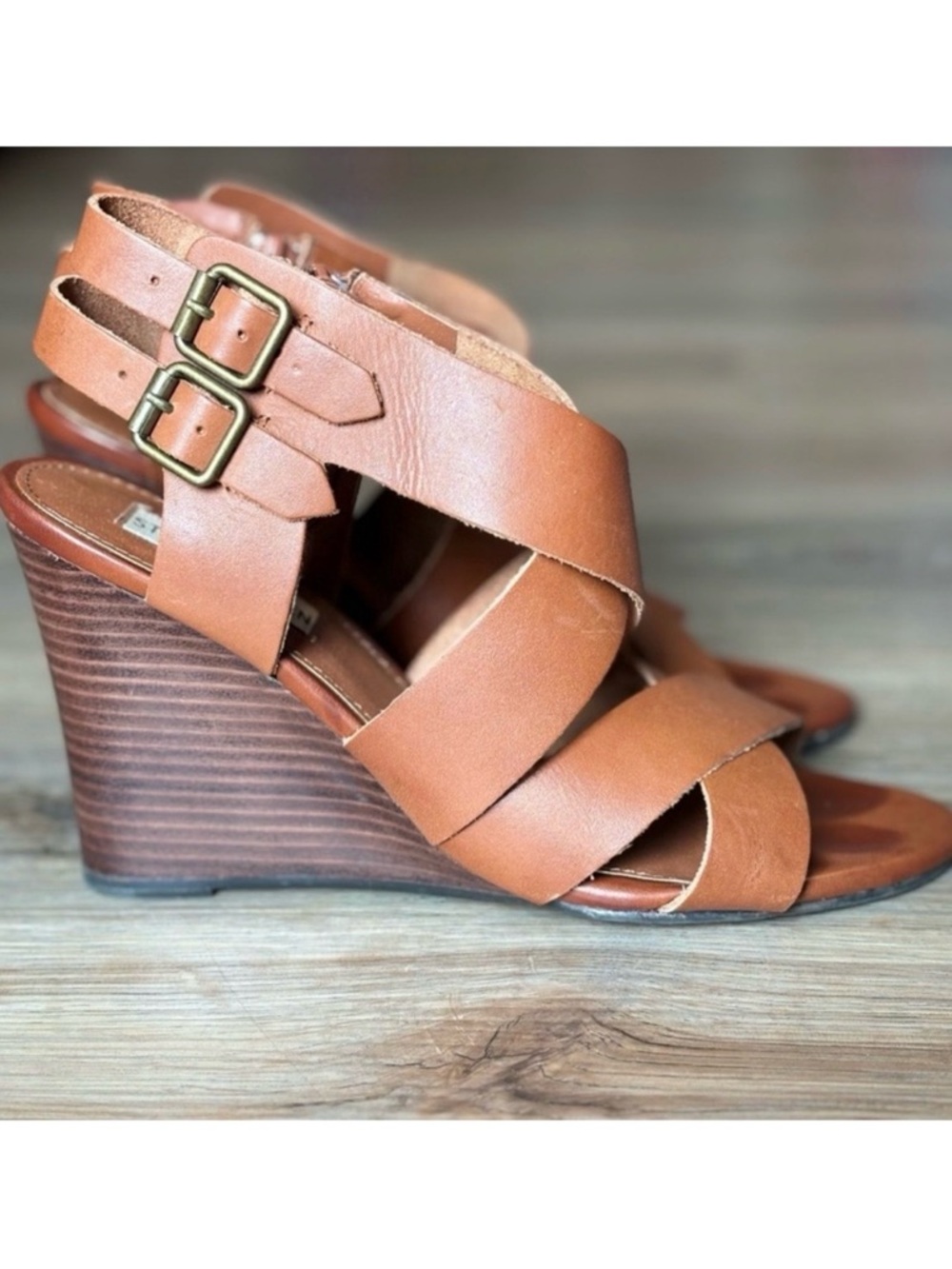 Steve Madden Tan Leather Cross-Strap Wedge Sandals